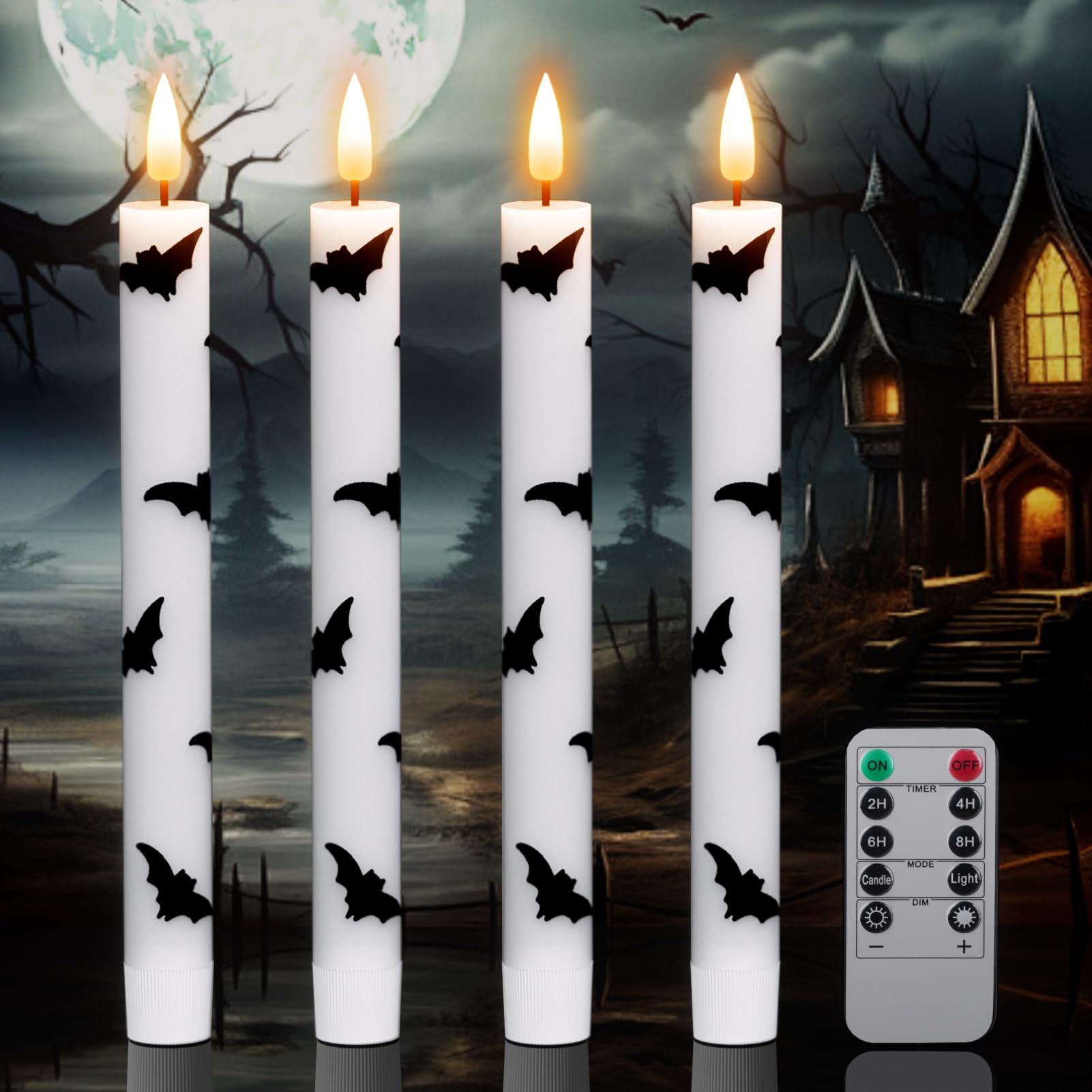 Bats Decal Flameless LED Taper Candles with Remote and Timer | Battery Operated Fake Candlesticks, 400 Hours Long Lasting, Spooky Halloween Indoor Decor, 0.78"D x 9.64"H, 4 Pack