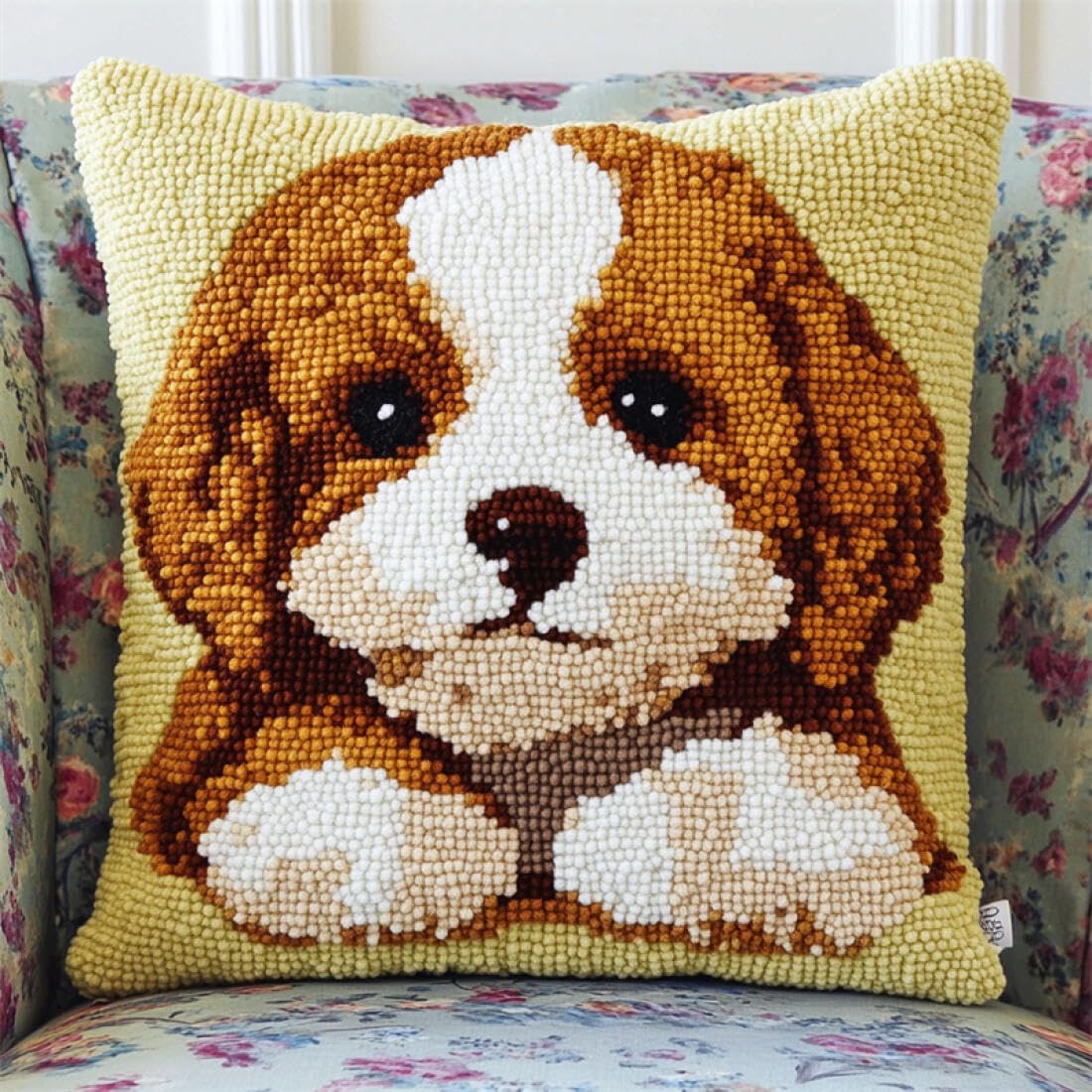 Kitquiver Animal Latch Hook Cushion Kits Cartoon Dog DIY Latch Hook Kits Pillow Needlepoint Cushion Kit for Home Décor Needlework Set for Adult Beginners 17x17In
