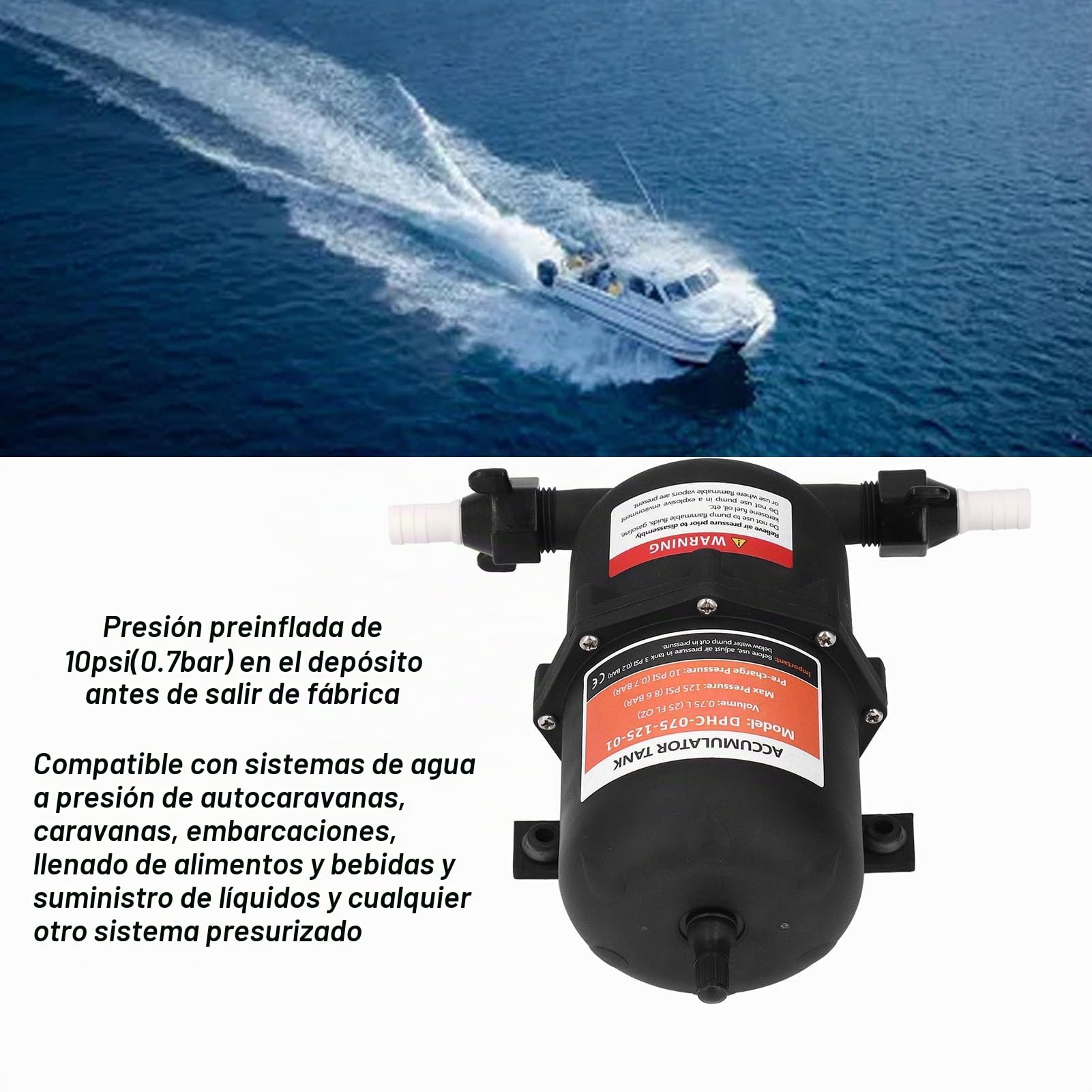 Control de Flujo de la Bomba de Agua del Tanque de 0.75L, 125 Psi 8.6 Bar, Reduce el Ciclo de la Bomba y Suaviza el Flujo de Agua para los Sistemas Marinos, Rv y Fuera de la Red