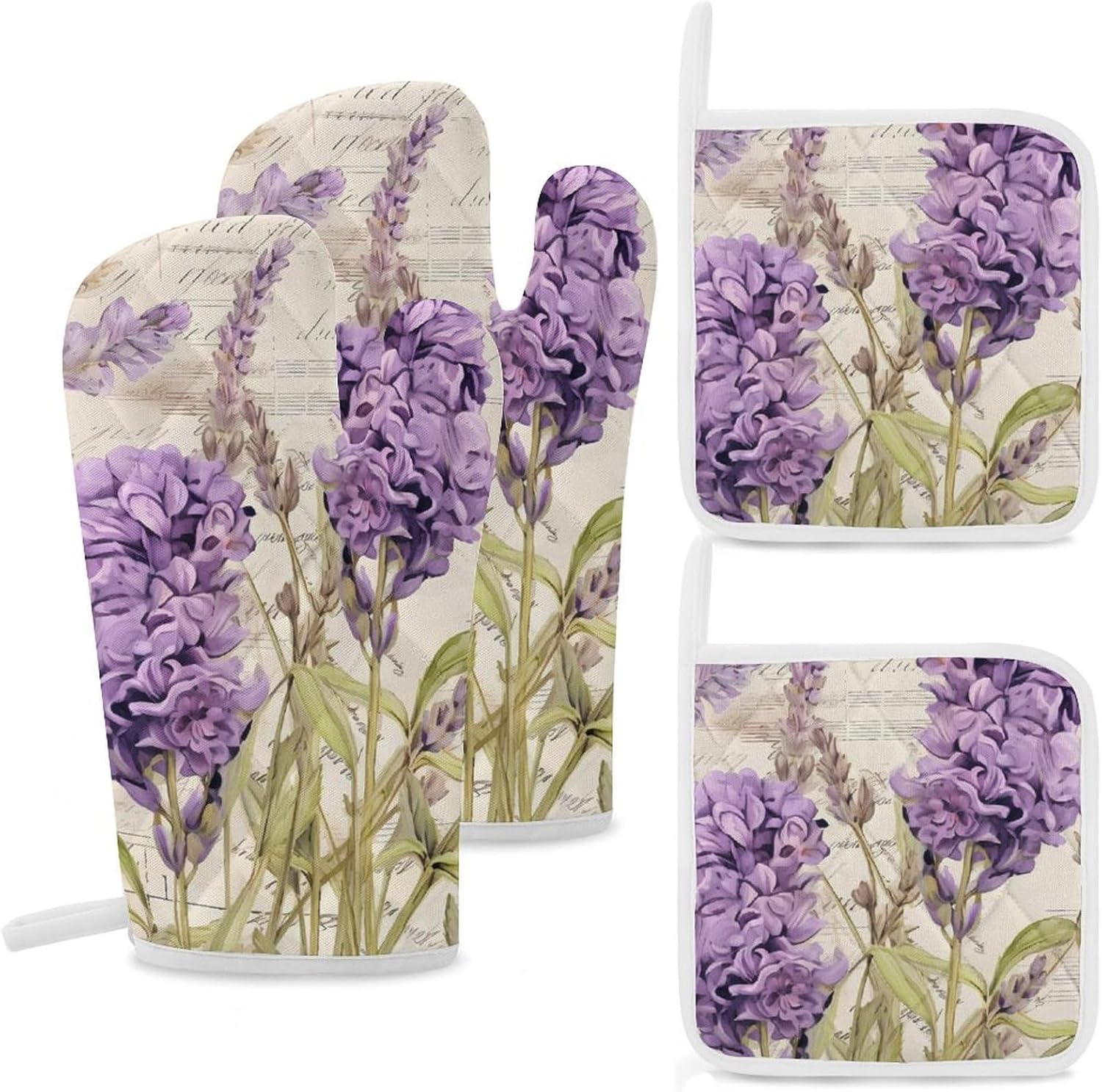 Lavender Flowers Musical Notes 4 Pcs Oven Mitts and Pot Holders Set High Heat Resistant Long Kitchen Oven Glove Potholders