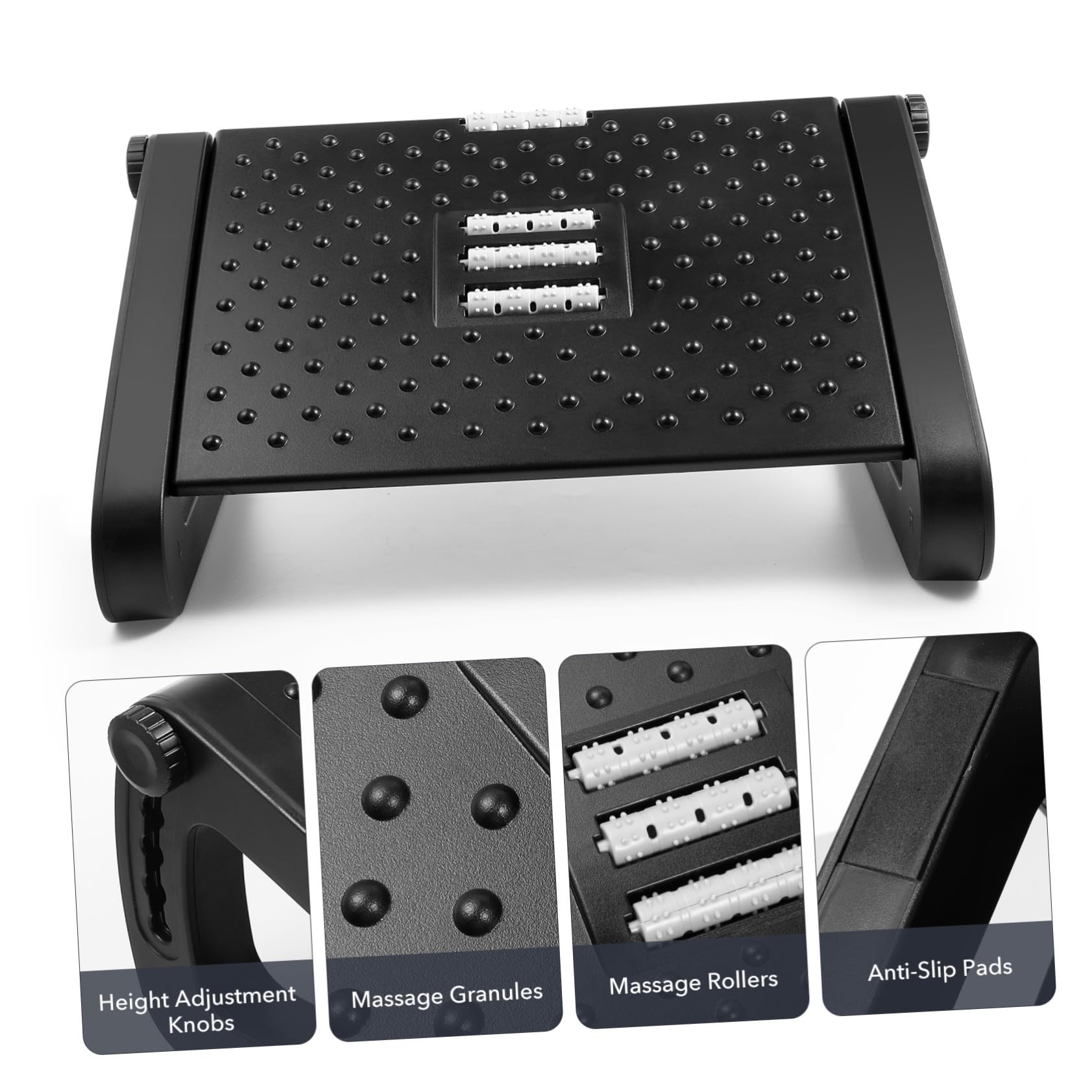 Verstellbare Fußstütze Schwarz aus Abs Pp Eisen für Büro und Zuhause | Massage Rolle, Neigungswinkel, Stabile Ausführung, Schlichtes Design für Homeoffice und Arbeitsbereich