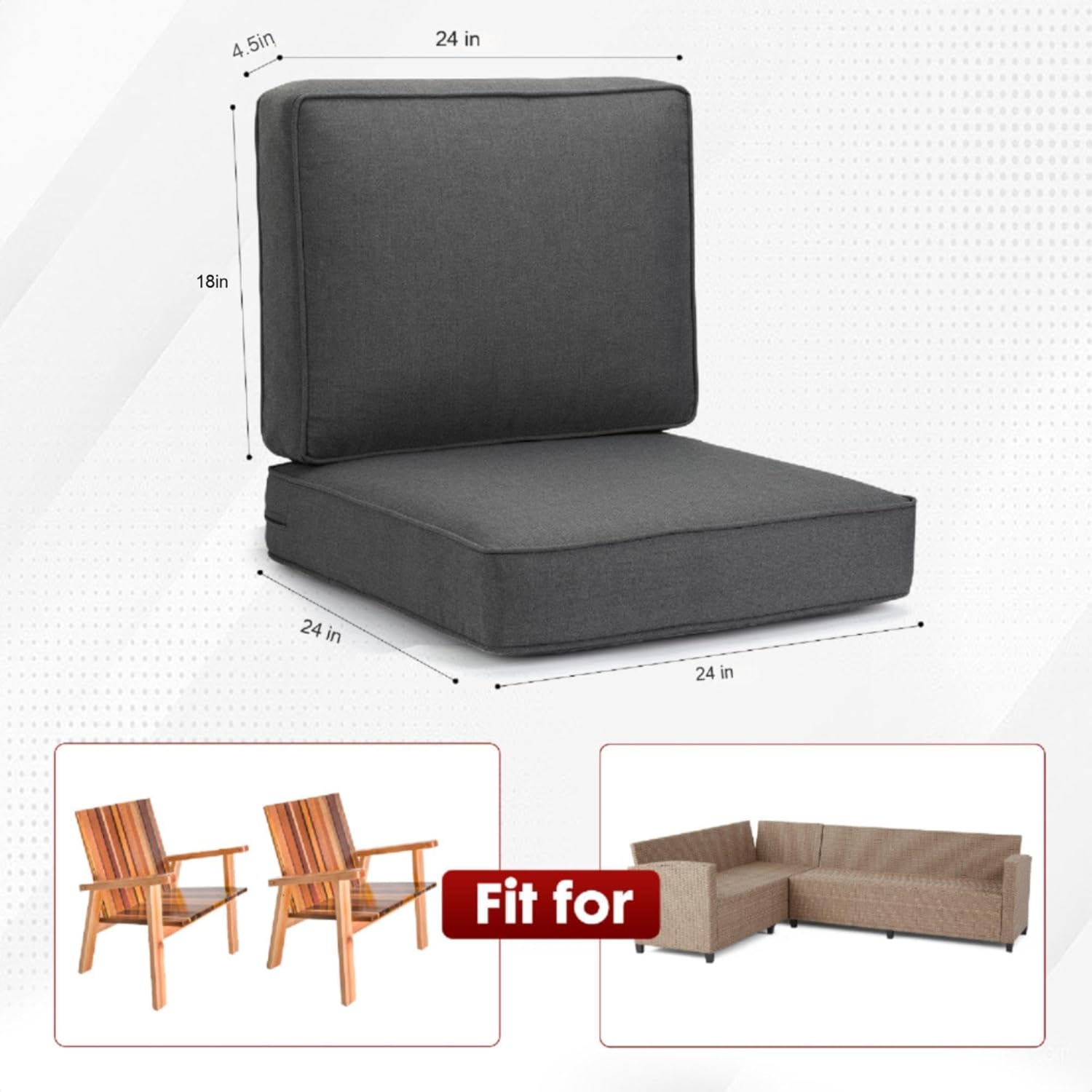 Outdoor Deep Seating Cushion Set, 24" x 24", Patio Chair Deep Seat and Back Cushion (4, Grey)