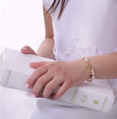 Miniatura 4 de Pulsera yo collar para niños chapado en oro de 14 quilates con perlas cultivadas y colgante de cruz para bautismo, bautizo o primera comunión regalo