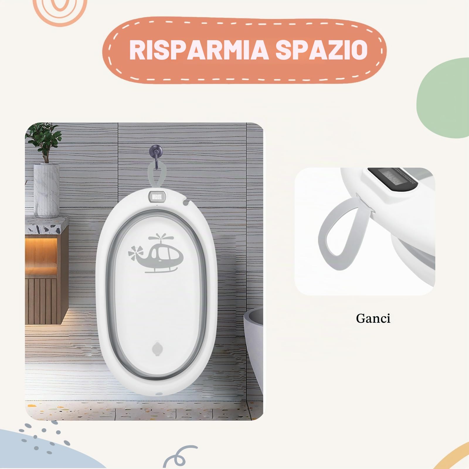 Vasca da bagno pieghevole con supporto antiscivolo, tappetino da bagno e inserto vasca per neonati e bambini