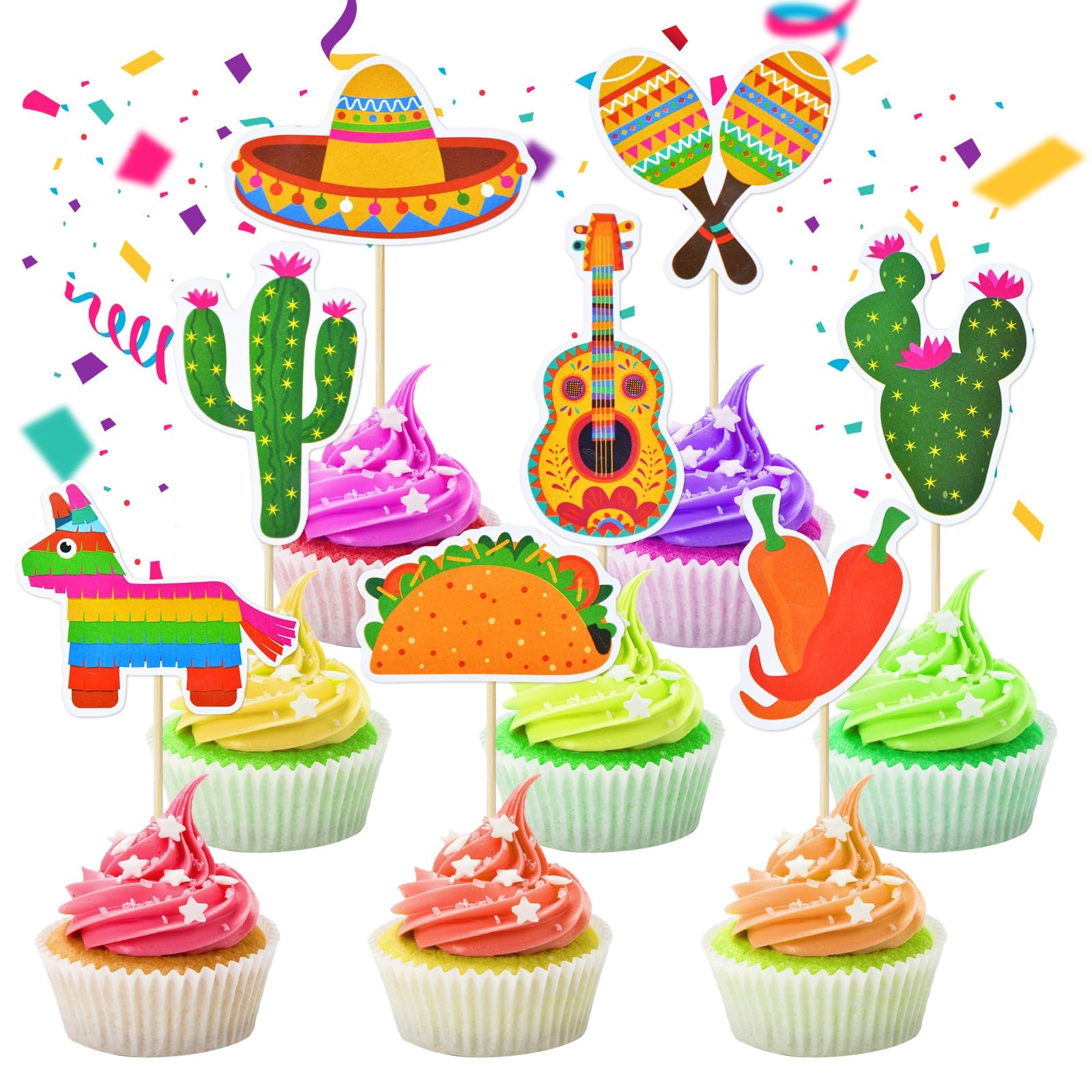 20 Decorazioni Per Cupcake A Tema Messicano | Cactus, Pinata, Taco, Chitarra, Peperoncino | Per Feste A Tema
