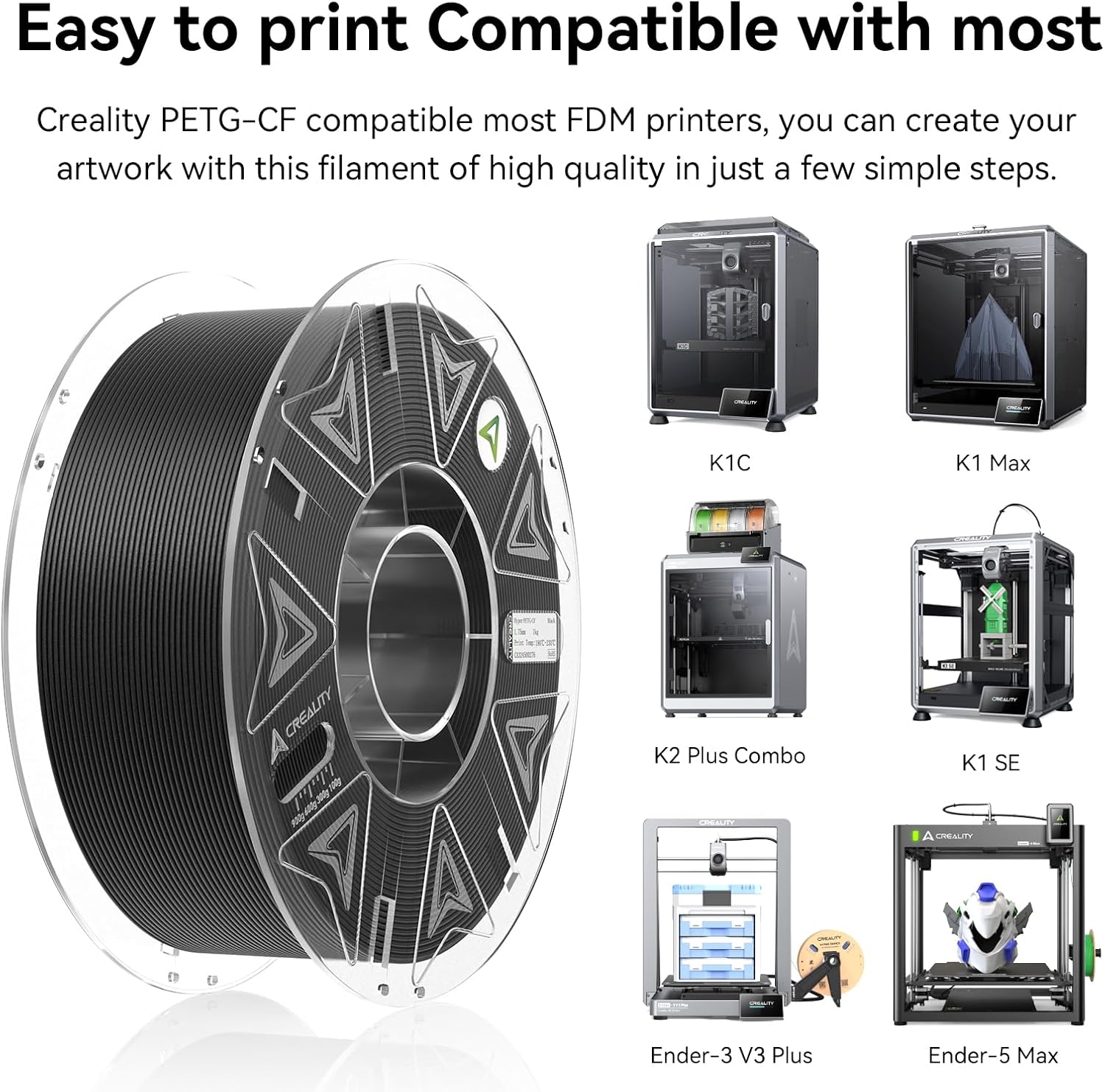 Official Creality Hyper PETG-CF (Carbon Fiber) Filament 1.75mm, High Speed Hyper PETG-CF 30-300mm/s 3D Printer Filament, Dimensional Accuracy +/-0.02mm, 1KG Spool Black, Fit Most FDM 3D Printers