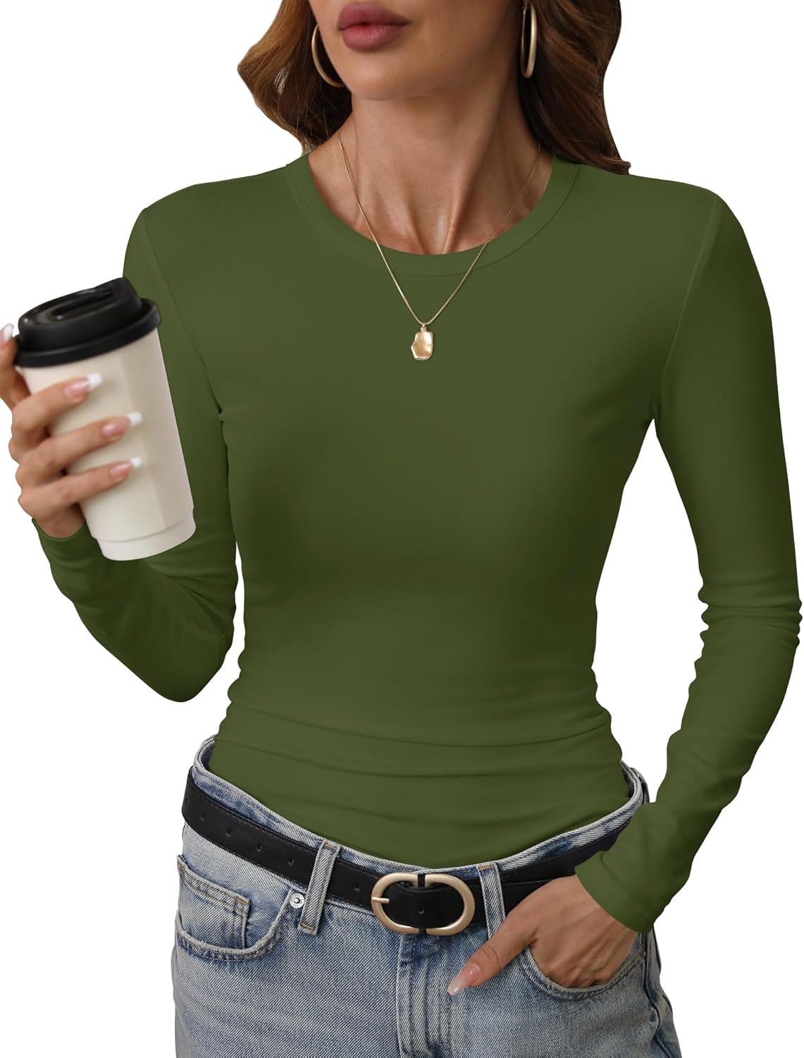 GEMBERA Womens' Crewneck Long Sleeve Slim Fitted Casual Top T-Shirts Stretchy Basic Shirt