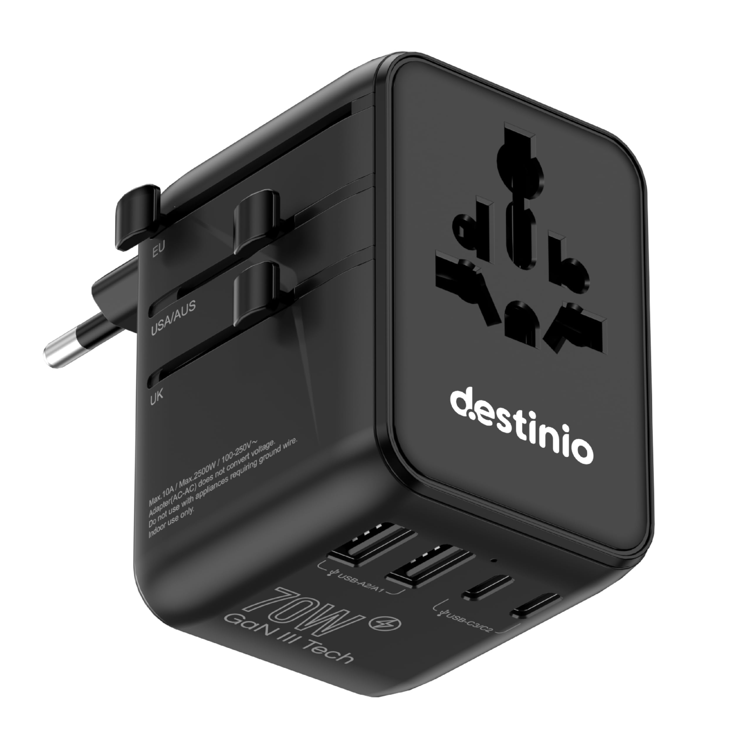 Destinio Universal Travel Adapter - 65W Laptop/MacBook GaN Fast Charging Adapter with 2 Type C & 1 USB Ports, Universal Charger Adapter, All in One International Travel Adapter for US, UK, Europe-image-29