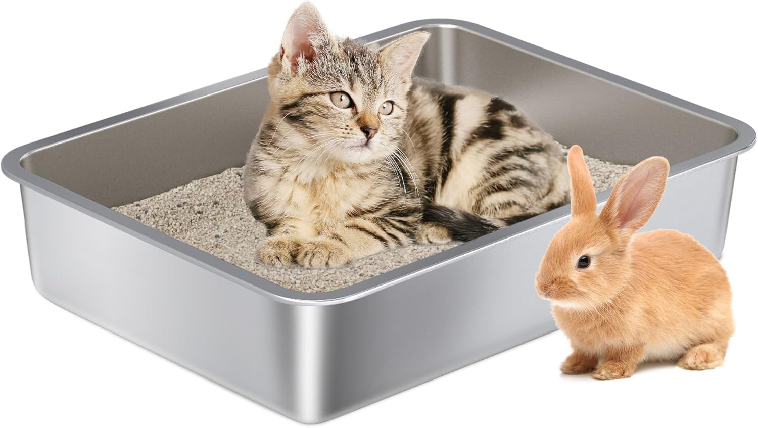 Stainless Steel Litter Box – Metal Cat Litter Box -4“ H Cat Litterbox Low Entry Pet Toilet Supplies for Kitty, Kitten, Rabbit, Puppy,No Stick Easy Clean-No Smell