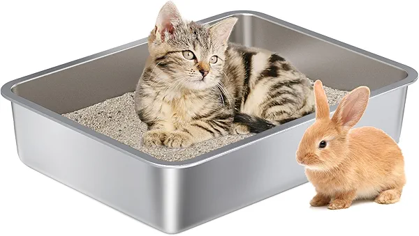 Nyutu Stainless Steel Litter Box - Metal Cat Litter Box -4“ H Cat Litterbox Low Entry Pet Toilet Supplies for Kitty, Kitten, Rabbit, Puppy,No Stick Easy Clean-No Smell