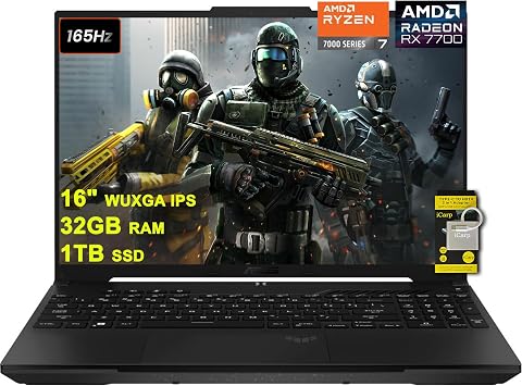 ASUS TUF Gaming A16 Laptop 16 WUXGA 165Hz 100% sRGB AMD 8-core Ryzen 7 7735HS 32GB RAM 1TB SSD Radeon RX 7700S 8GB (>RTX4060) Backlit USB4 Fast Charge AI Noise Cancelation Win11 w/ICP Accessory