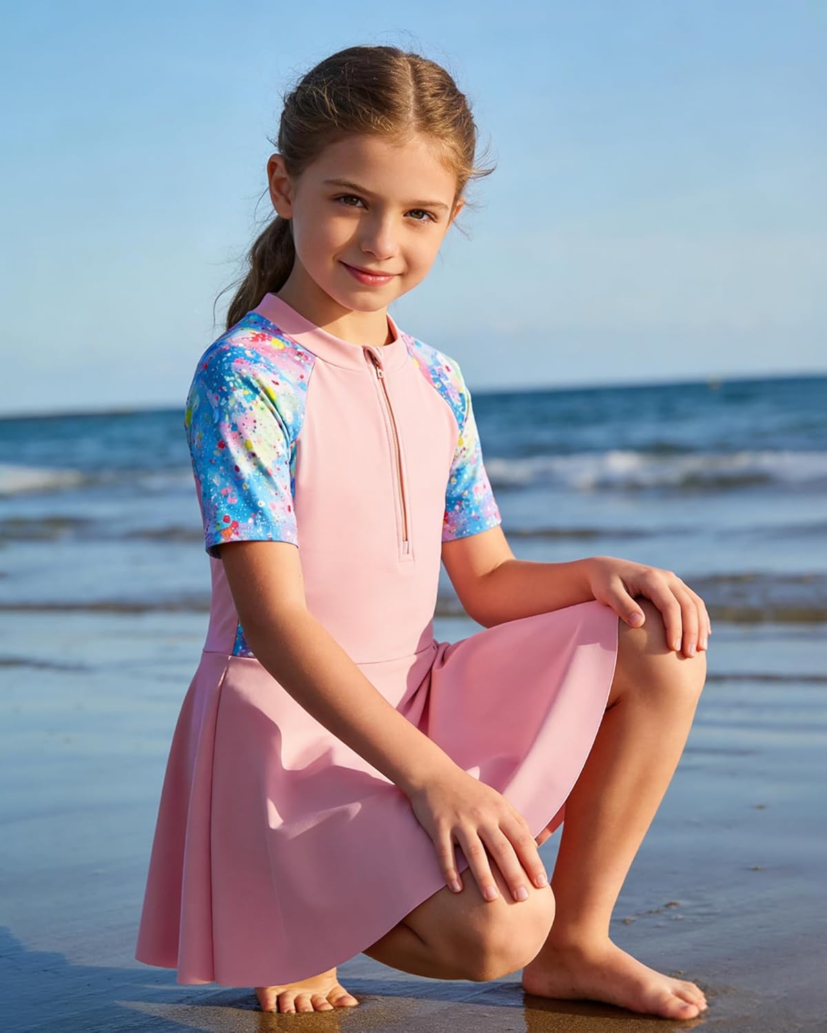 Girls One Piece Swimsuit Skirted Kids Bathing Suits Zipper Short Sleeves Swimwear Girls Swim Dress for 3-10Years - Image 3