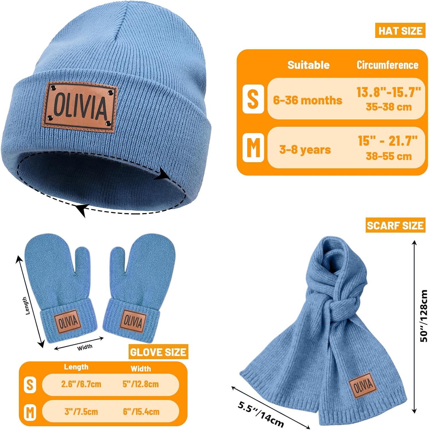 Custom Toddlers Winter Hat Scarf Gloves Set 3 Pcs for Girls Boys, Personalized Leather Patch Baby Beanie Hat