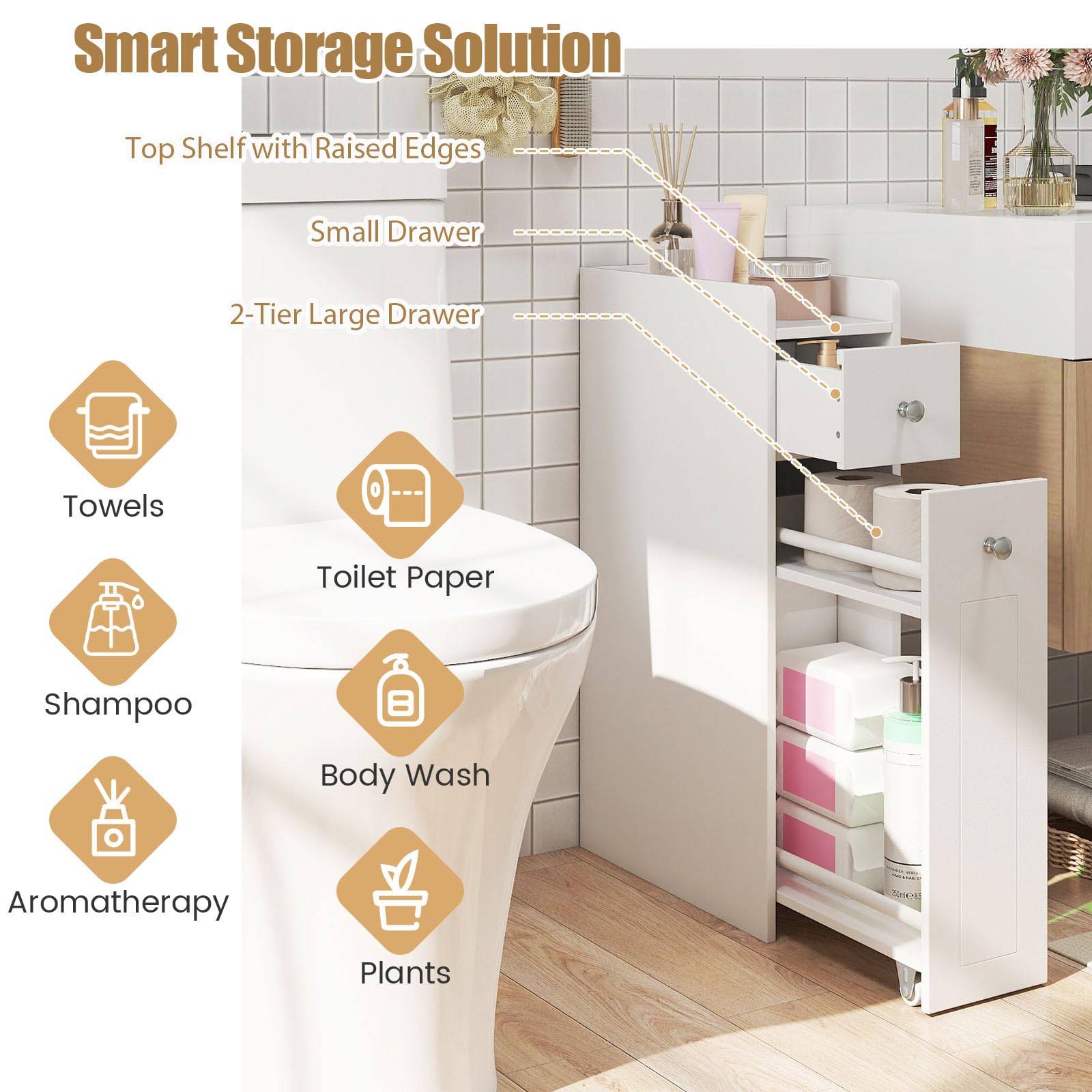 LIFEZEAL Armario de Baño Pequeño con Cajón, Estantería Estrecha con Ruedas, Carrito Nicho para Lavandería, Salón y Baño, 40 x 18 x 70 cm (Blanco)