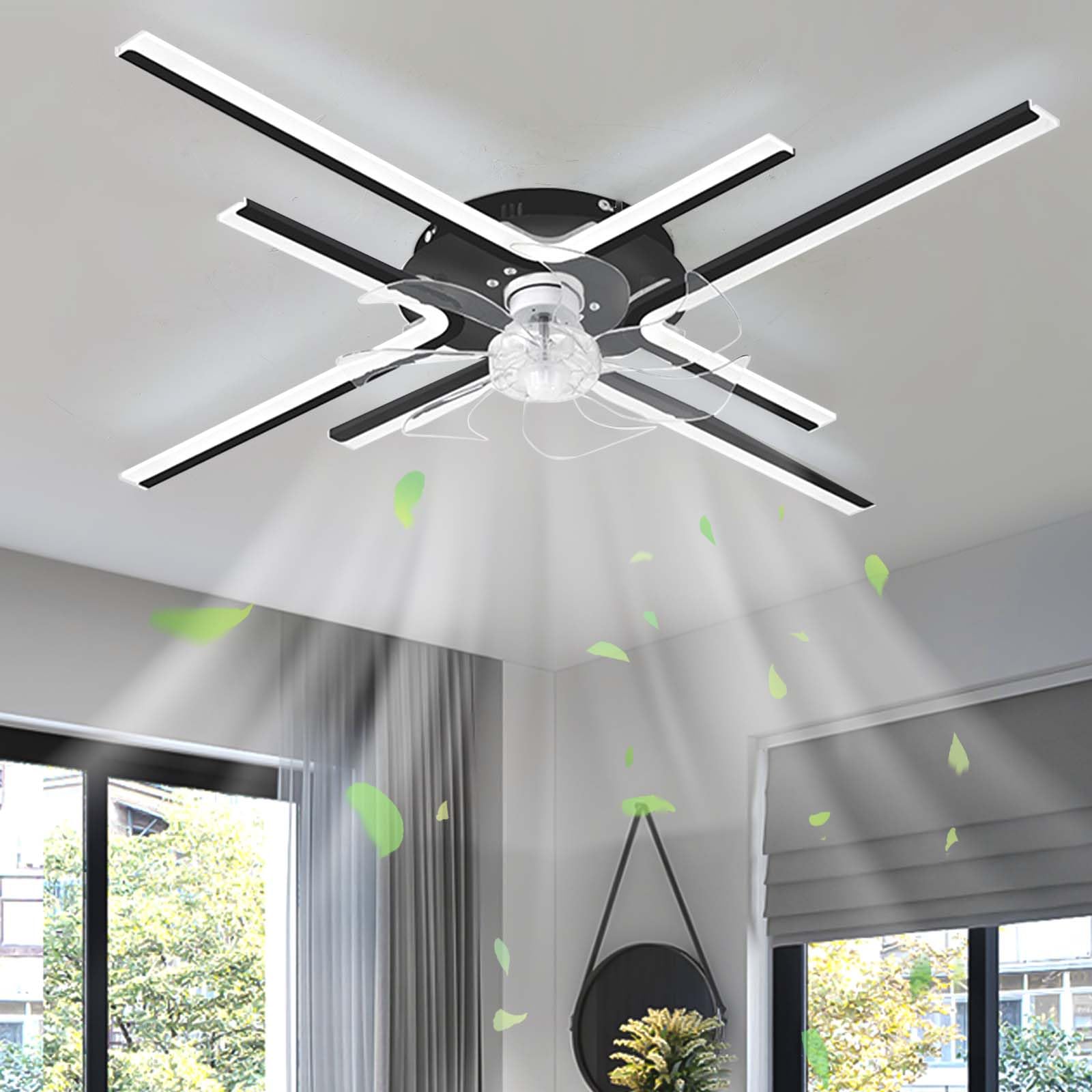 HXYSXHJUO Ceiling Fans with Lights and Remote, Lamps, Timer Ultra Quiet，Summer Winter Reversible DC Motor，6 Speeds，for Bedroom,Living Room-Black