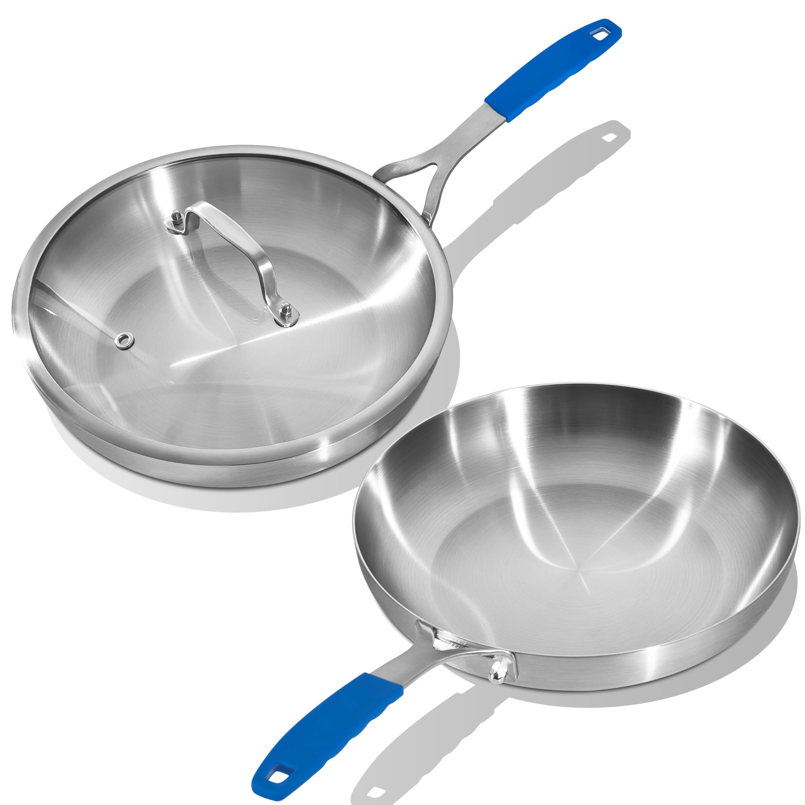 Juego de sartenes de acero inoxidable de tres capas de 8.5 a 12 pulgadas con tapa, sartenes, juego de sartenes de inducción, apto para lavavajillas y horno, mango desmontable