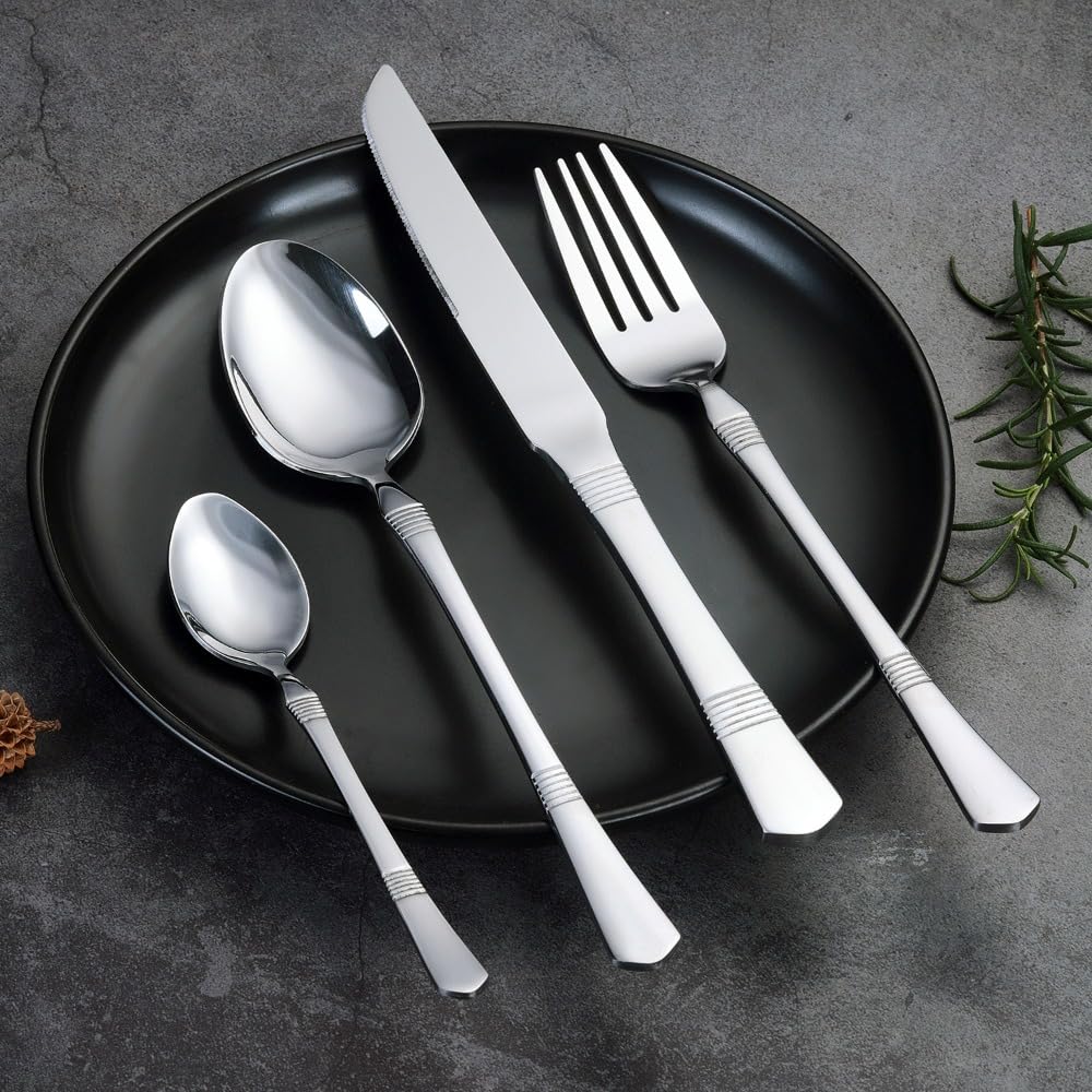 (20 Pezzi) Manico A Righe Orizzontale Da Cucina in Acciaio Inox Argenteria Stoviglie Posate Set Bistecca Coltello Forchetta Cucchiaio Cucchiaino (Argento)