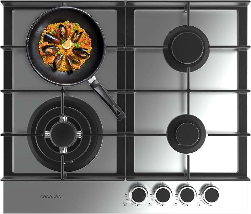 Cecotec Placa de Gas 4 Fuegos Bolero Squad G 4400F Inox. 8kW, Acero Inoxidable, Parrillas Hierro Fundido, Quemador WOK Triple Corona, Encendido Electrónico, Seguridad en Válvulas, Accesorio de Gas