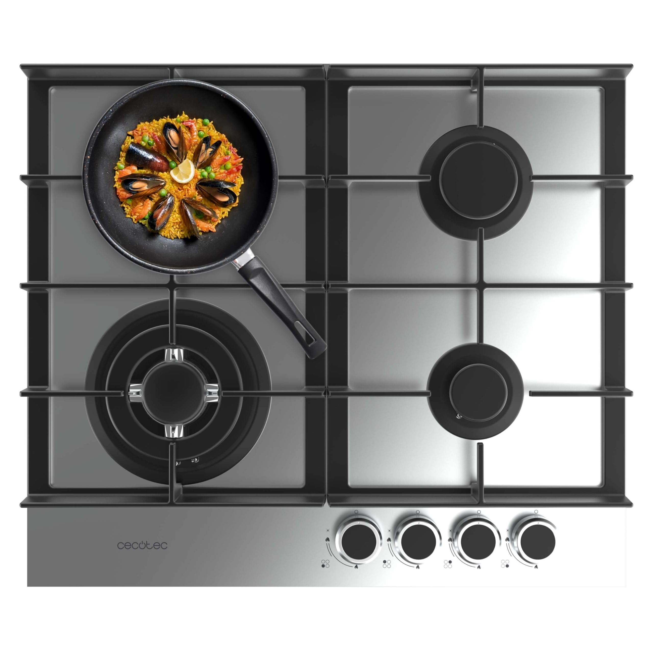 Cecotec Placa de Gas 4 Fuegos Bolero Squad G 4400F Inox. 8kW, Acero Inoxidable, Parrillas Hierro Fundido, Quemador WOK Triple Corona, Encendido Electrónico, Seguridad en Válvulas, Accesorio de Gas - 1