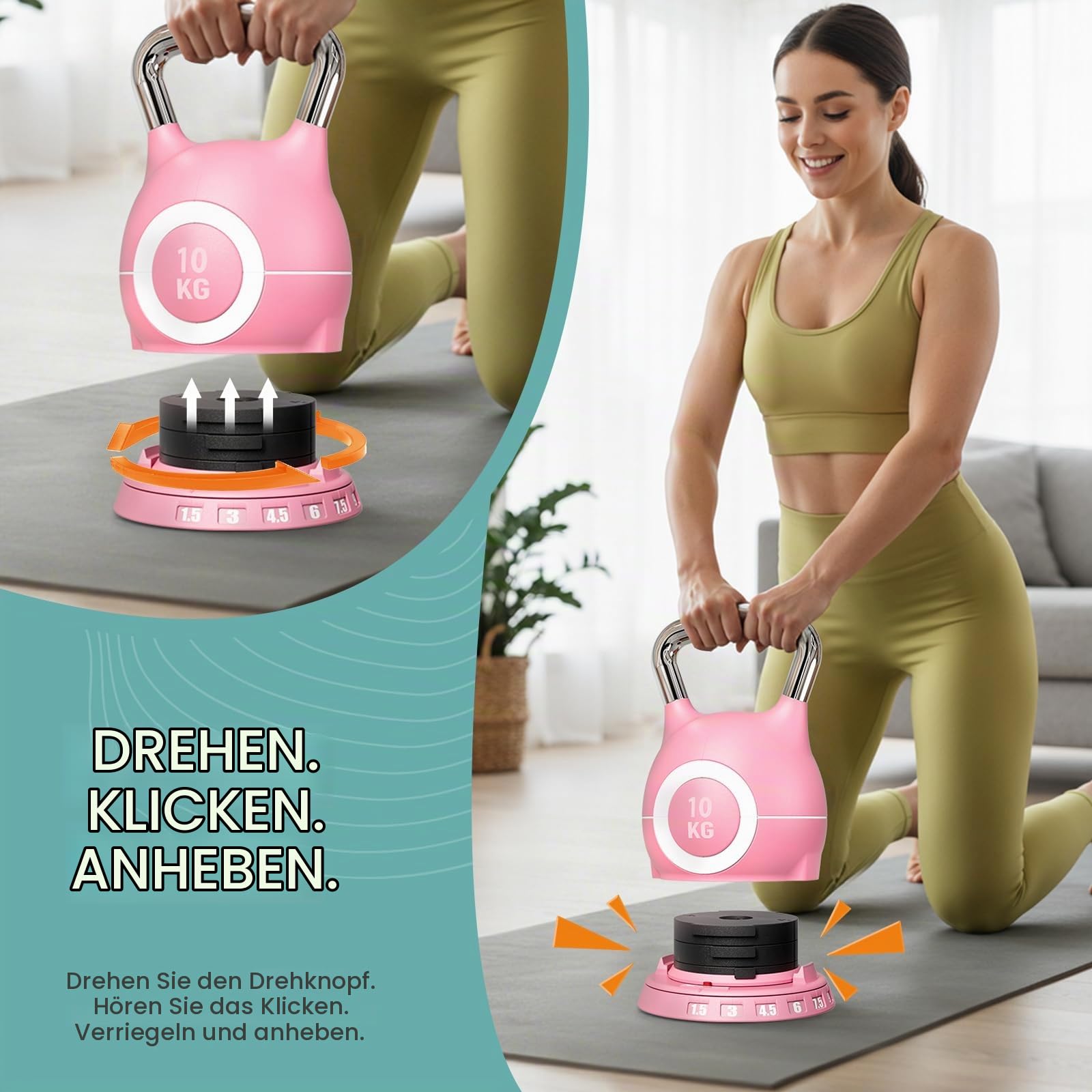 LIFERUN Kettlebell Verstellbare Hanteln Set 7 in 1 (10KG，Rosa) | Kugelhantel für Home Gym Gewicht Hantel Set mit 6 Stück Gewichtsscheiben Fitnessgeräte für Zuhause