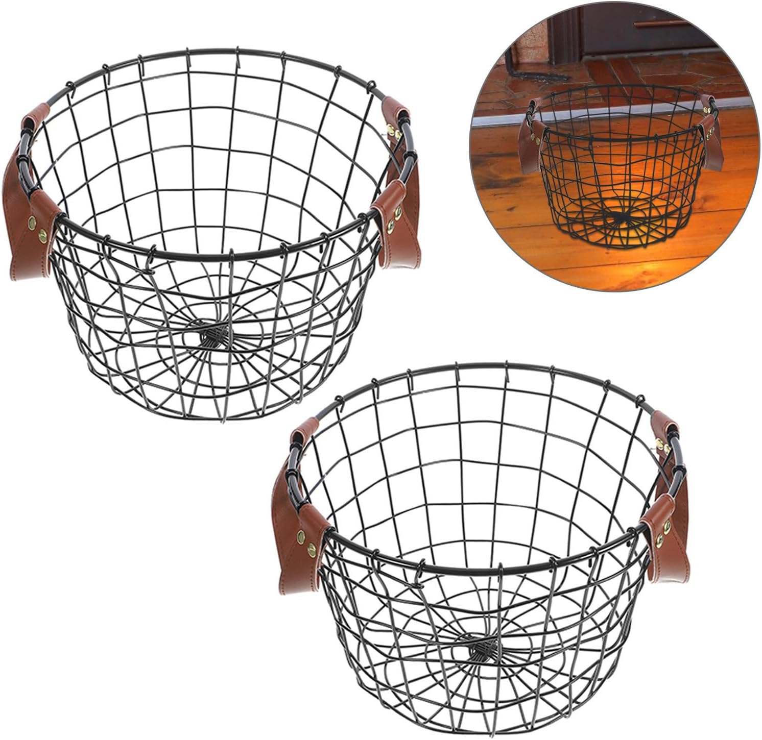 2pcs Rustic round Iron Firewood Basket with Reinforced Bottom and Portable Design, Farmhouse Style Log Holder for Indoor and Outdoor Fire Pit, Sturdy Black Metal Wood Storage Bin