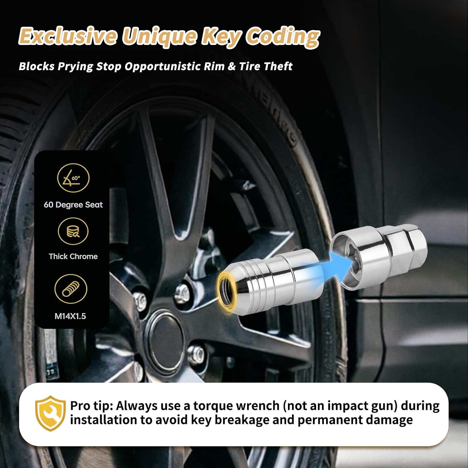 Wheel Lock Set, M14x1.5 Thread, 20/21mm Hex Closed End Cone Seat, Alloy Steel Chrome Plated, Anti-Rust Anti-Theft Wheel Locks, Easy Installation, Set of 5