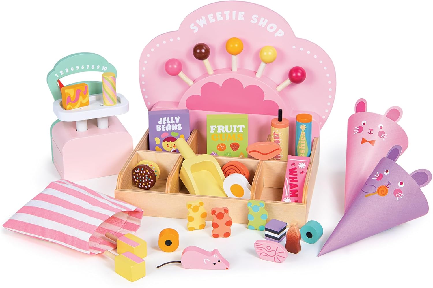 Tender Leaf Toys - Sweetie Pic’n’Mix Shop - Colorful Wood Retro-Style Candy Shop Play Set for Kids - Includes Candy, Scoop, Scale, and Bag - Encourages Imaginative Play and Social Skills - Age 3+