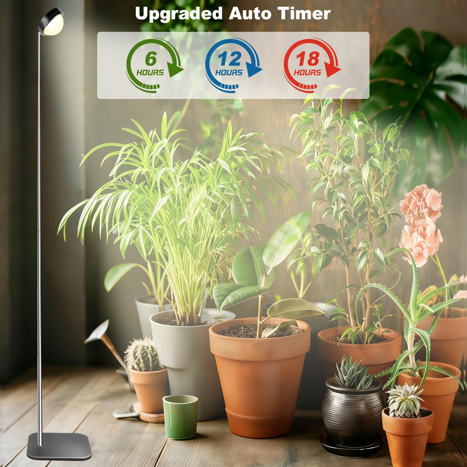 Pflanzenlampe LED Vollspektrum mit Optischer Linse für Hohe PPFD, Höhenverstellbare Grow Lampe mit Standfuß, Grow Light Pflanzenlicht Wachstumslampe mit 6/12/18H Timer für Zimmerpflanzen