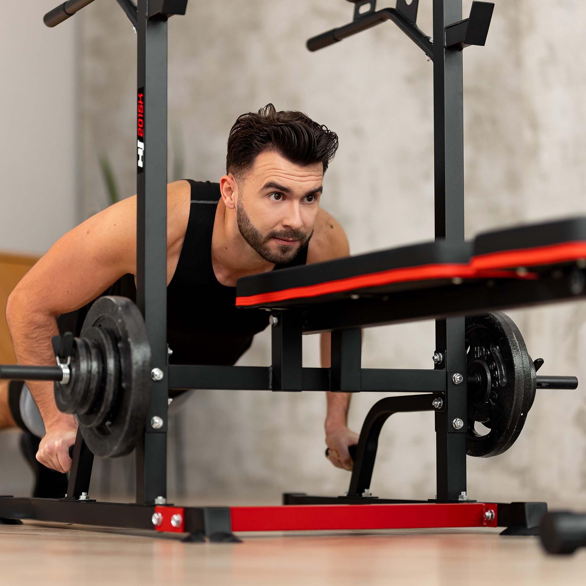 HOP-Sport® Power Tower HS-2015K avec Station de dips et Barre de Traction, Chaise Romaine avec Banc de Musculation Pliable et Support pour haltères, Station de Musculation avec Charge Max. 150 kg