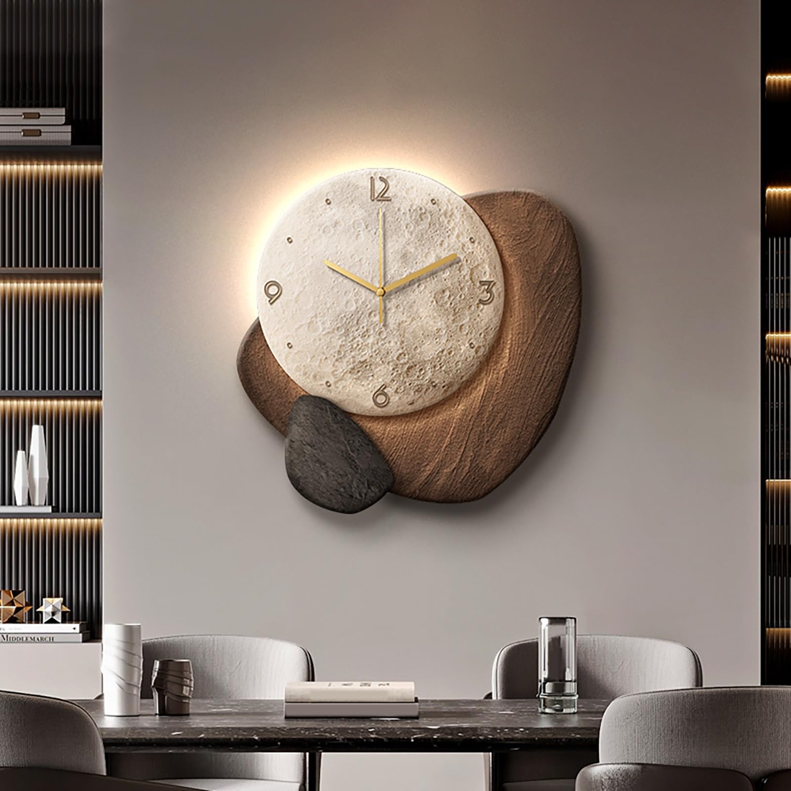 Reloj de Pared Moderno de Arenisca,Reloj de Pared Diseño Moderno Grande,con Luz y Movimiento Silencioso,para Sala Dormitorio.(Brown,50x50cm)