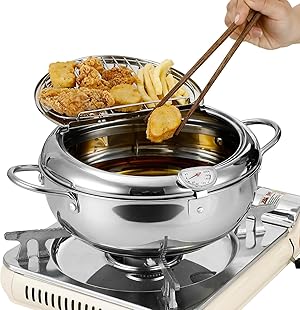 Freidora de acero inoxidable con tapa escurridor de aceite y termómetro, pequeña freidora Tempura capacidad de 3,2 L, antiadherente, apto para todo tipo de fuegos