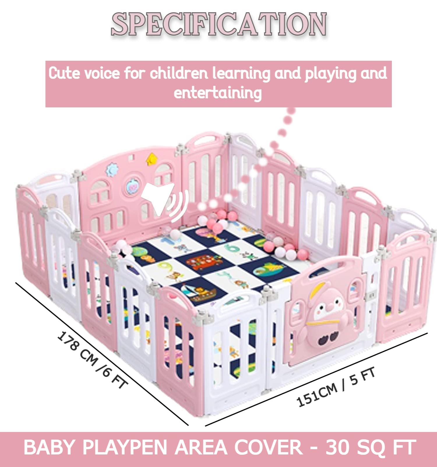 Metreno Playpen for Babies Upto 5 Year Baby Play Area Indoor Setup Foldable Play Yard Fence for Toddlers Kids Playarea Setup Outdoor Children Play Area with Gate, Balls, Mat (Pink, 16 Panel) - Image 2 thumbnail
