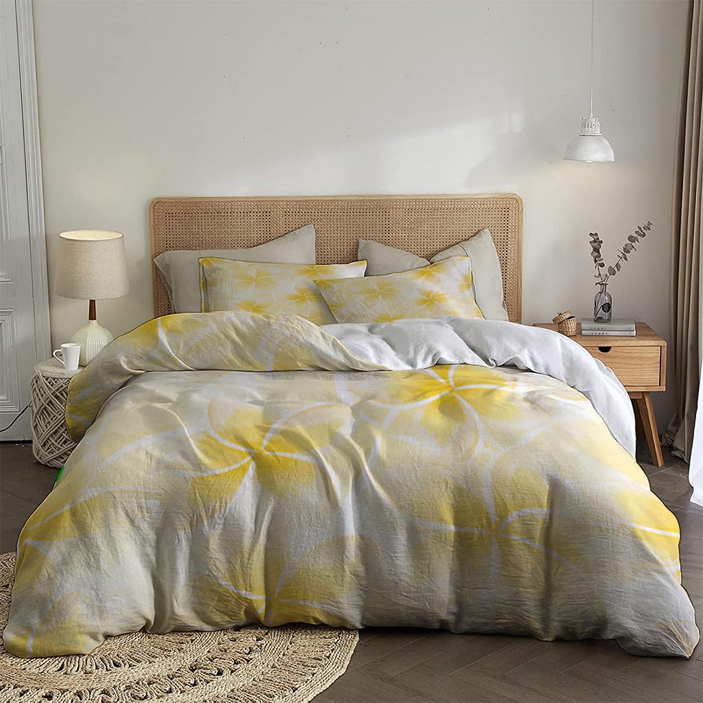 NIBAINLO 布団カバーエキゾチックな黄色のプルメリアの熱帯の花 肌に優しい ピーチスキン加工 掛け布団カバー 和式 洋式 あったか 布団カバーセット リバーシブル ホームステイ ホテル 家庭兼用