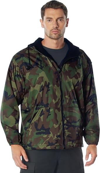 Rothco Reversible Hooded Jacket Comfortable and Water-Resistant for Outdoor Adventures US, Alpha, Large, Regular, Regular, Woodland Camo