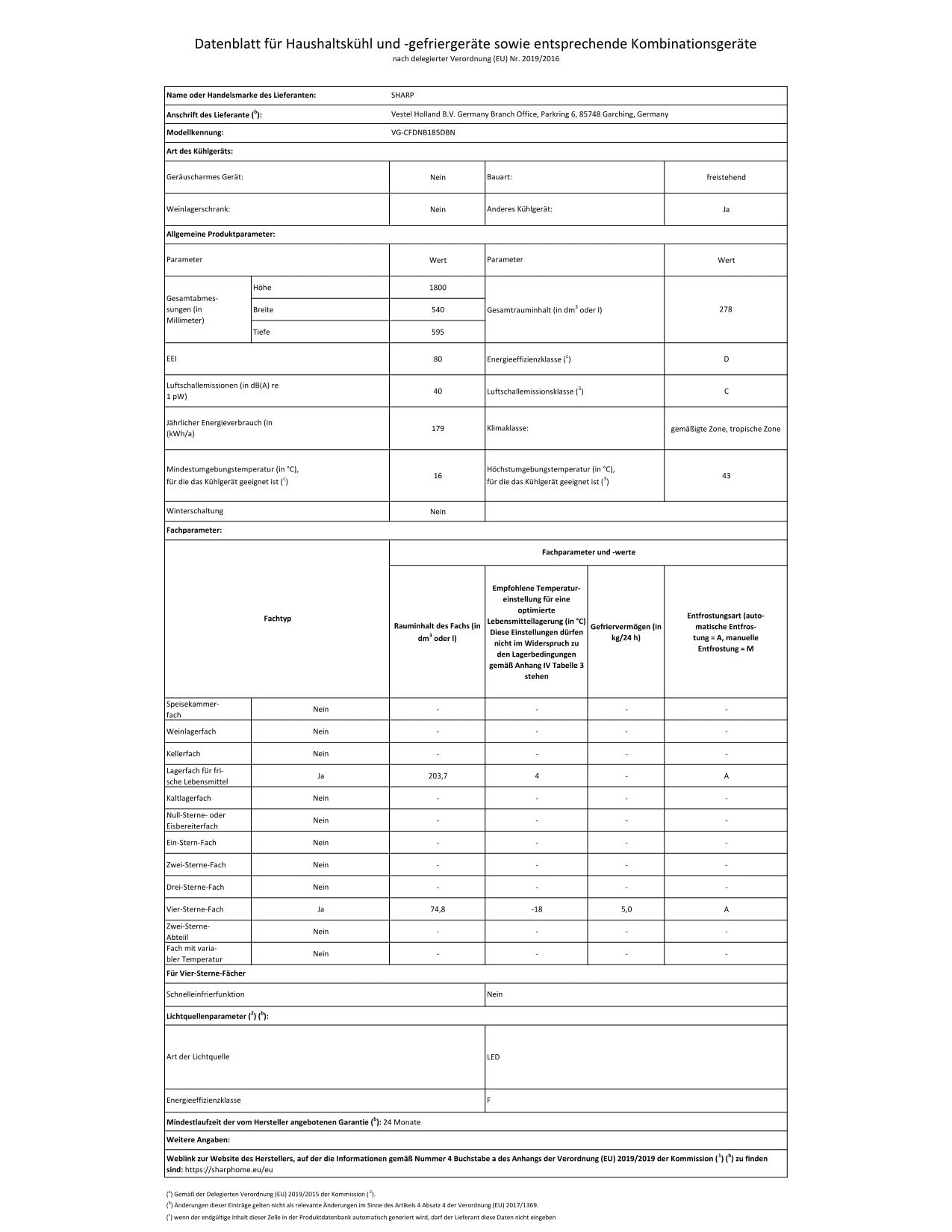 Vestel VG-CFDNB185DBN Kühl-/Gefrierkombination/Energieeffizienzklasse D/NoFrost/Nutzinhalt: 278 L/ZeroDegreeZone/Externer Wasserspender/LED-Innenbeleuchtung/Schwarz