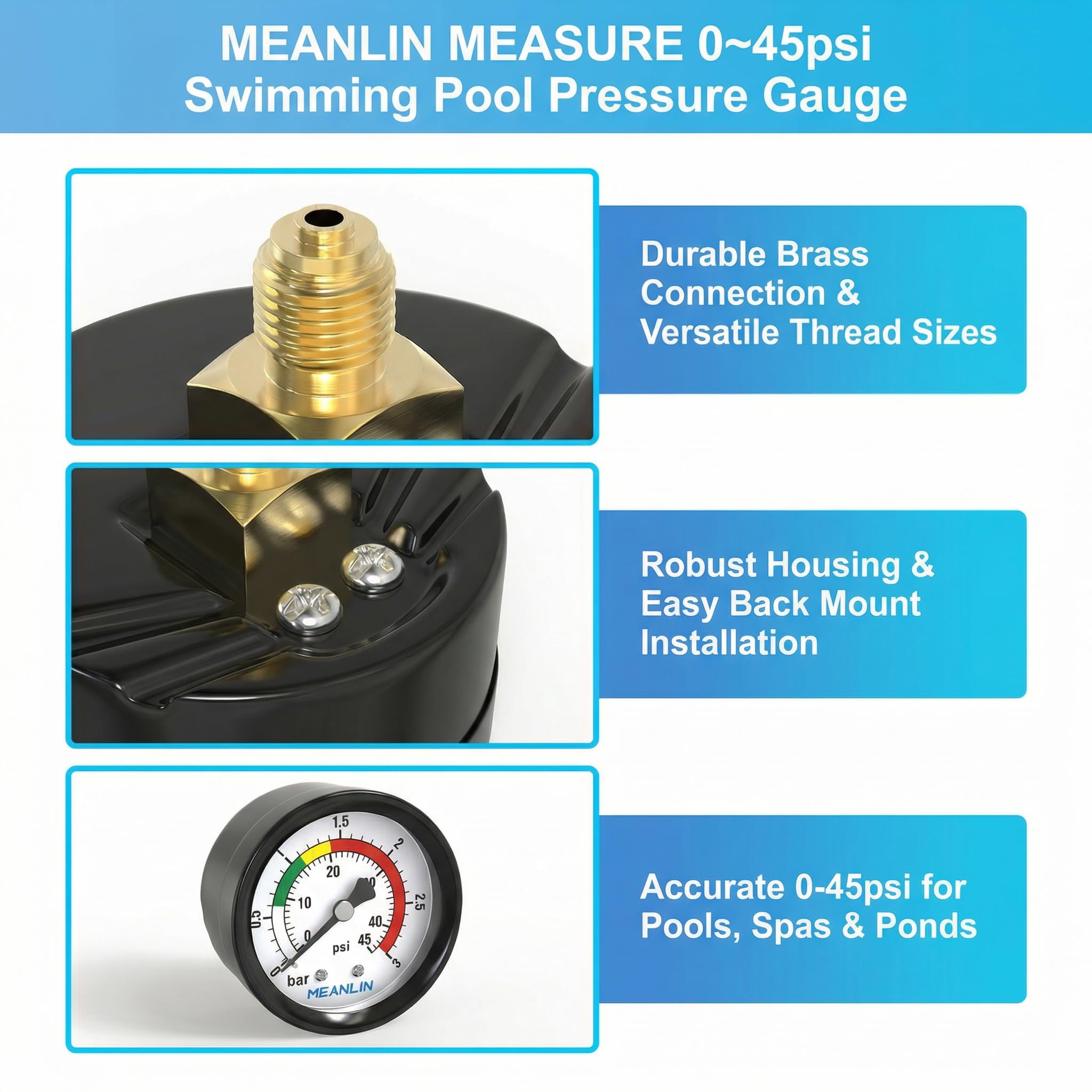 MEANLIN MEASURE 0~3Bar/0~40Psi Manomètre pour piscine,1/8"BSP 2" FACE DIAL pour piscines, spas, bassins à poissons,avec douille hexagonale 1/4" BSP et 3/8" BSP,Montage arrière