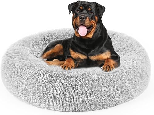 Miniatura 9 de Cama para perros, cama calmante para gatos, cama de felpa de piel sintética con forma de rosquilla para mascotas, cama redonda para perros y gatos