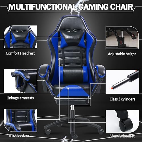 Miniatura 8 de Silla de videojuegos para adultos, silla de juegos de masaje con reposapiés, almohada lumbar ajustable para niños, cómoda silla de computadora con