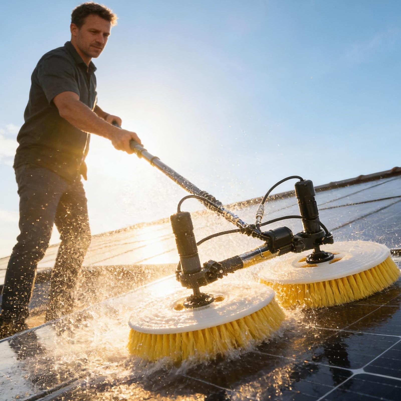 Cepillo Solar De Doble Cabezal con Suministro De Agua, Cepillo Solar Rotativo EléCtrico De 65 Cm De Ancho, PéRtiga TelescóPica De 3,5 M, 5,5 M Y 7,5 M, Rociador AutomáTico 5.5m(18ft)
