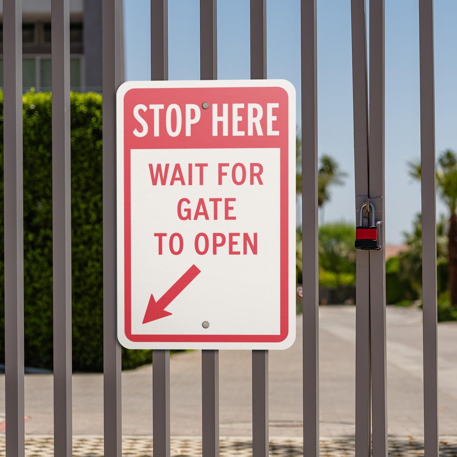 (2 Pack) 12" x 18" Stop Here – Wait for Gate to Open Sign | Heavy-Duty Aluminum | Laminated, UV Protected, Water & Dust Resistant | Outdoor Gate Access Sign with Rounded Corners