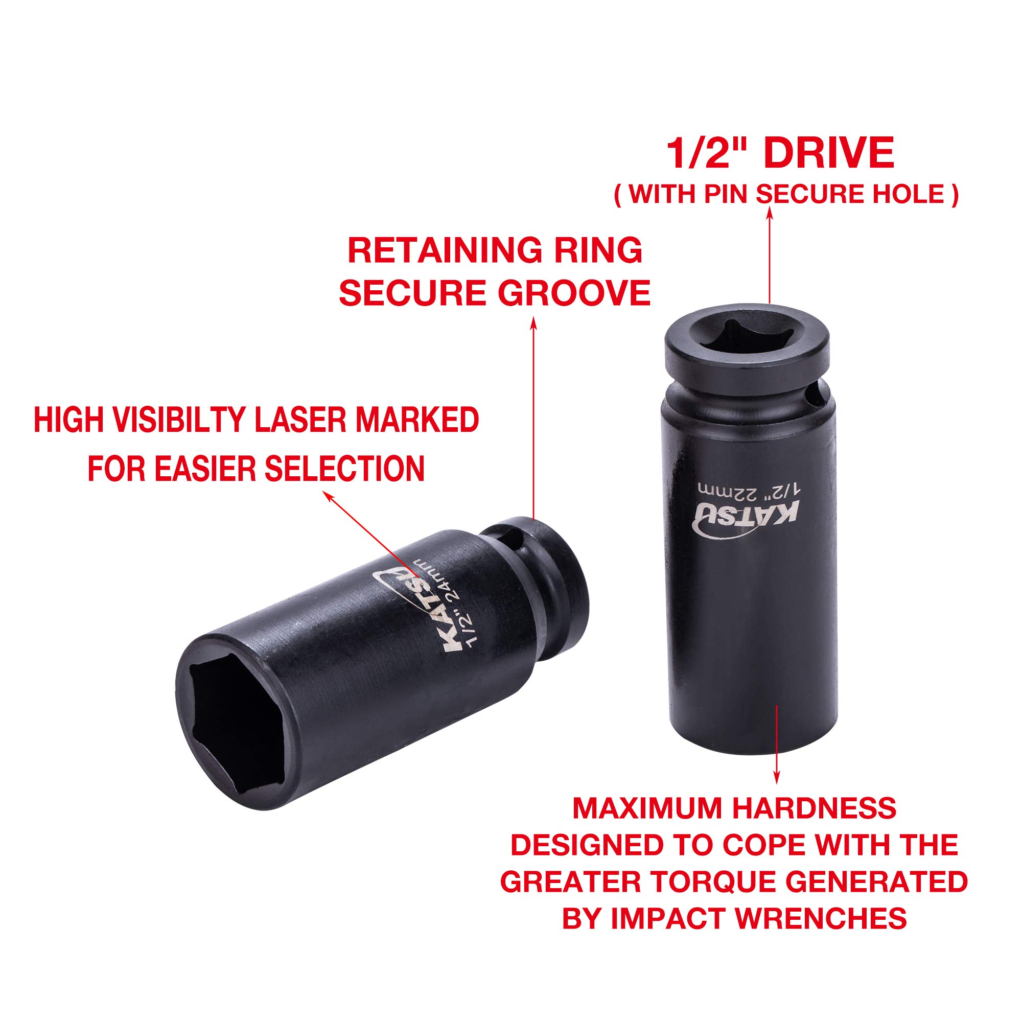 KATSU 1/2" Llaves de Vaso Impacto 16 Piezas, 10mm - 32mm Juego de Llaves de Vaso de Impacto Profundo Llave Métrica Resistente, Herramienta de Reparación Motores Camiones Tractores 420441