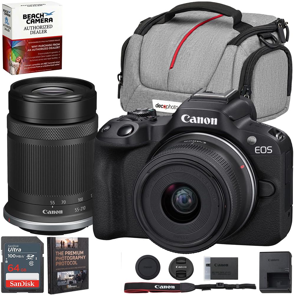 Canon EOS R50 Mirrorless Camera 2-Lens Kit (18-45mm + 55-210mm is STM) | Beach Camera USA Warranty | Authorized Dealer | Sandisk 64GB Memory Card + Deco Camera Bag + Photography Guide