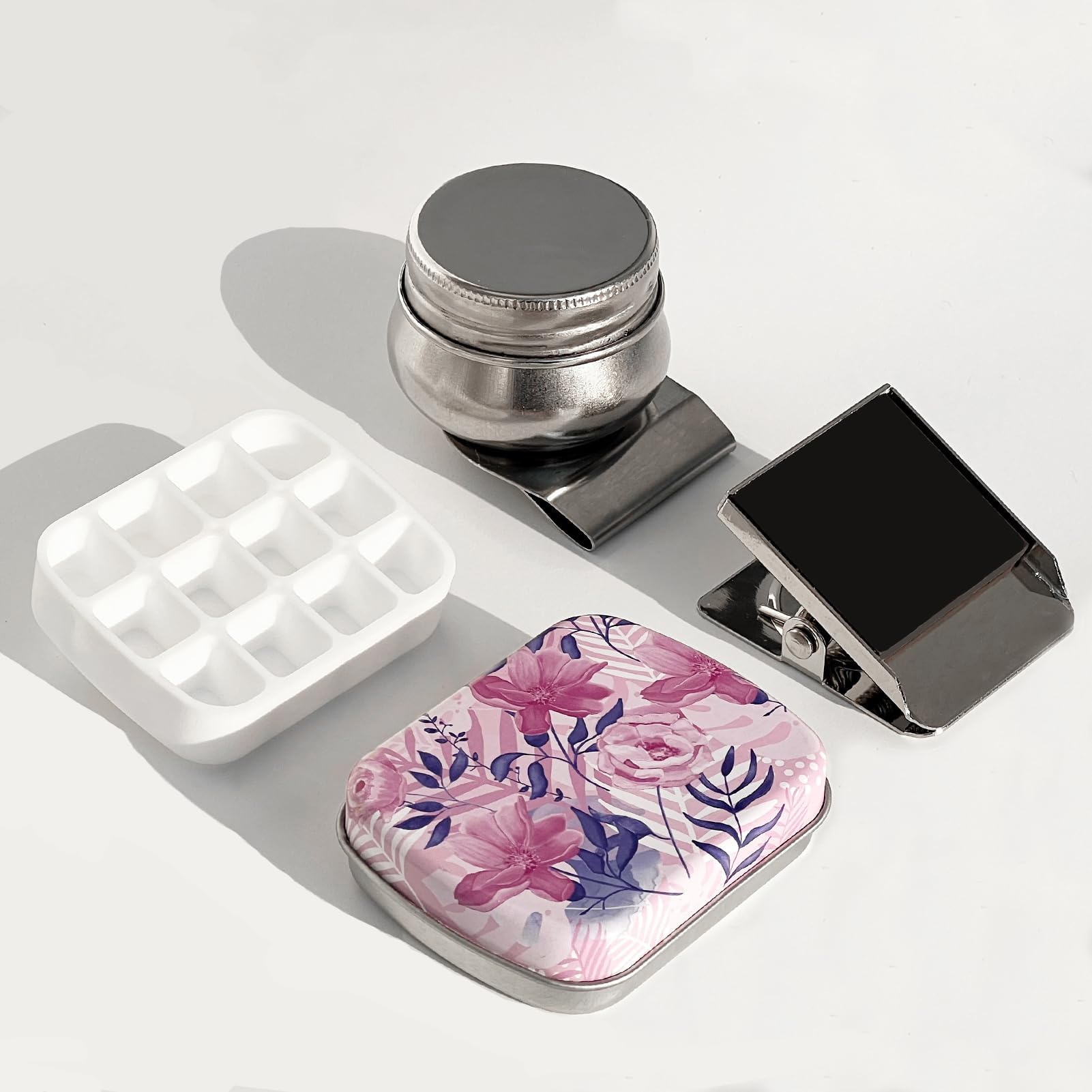 Travel Paint Palette,12-Well Empty Mini Watercolor Palette Paint Storage,Portable Travel Artist Outdoor Watercolor Kits with Magnetic Clip and Water Pot C#