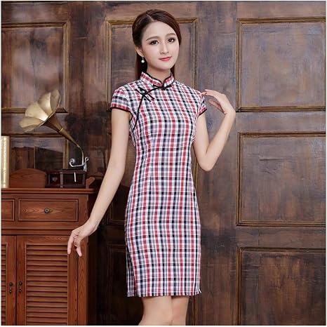 ATLD Cheongsam Plaid Chino Mujeres Algodón Qipao Cheongsam Verano Vestidos  Casuales Rendimiento Ropa SML XL XXL,Plaid Rojo,XXL : Amazon.es: Ropa