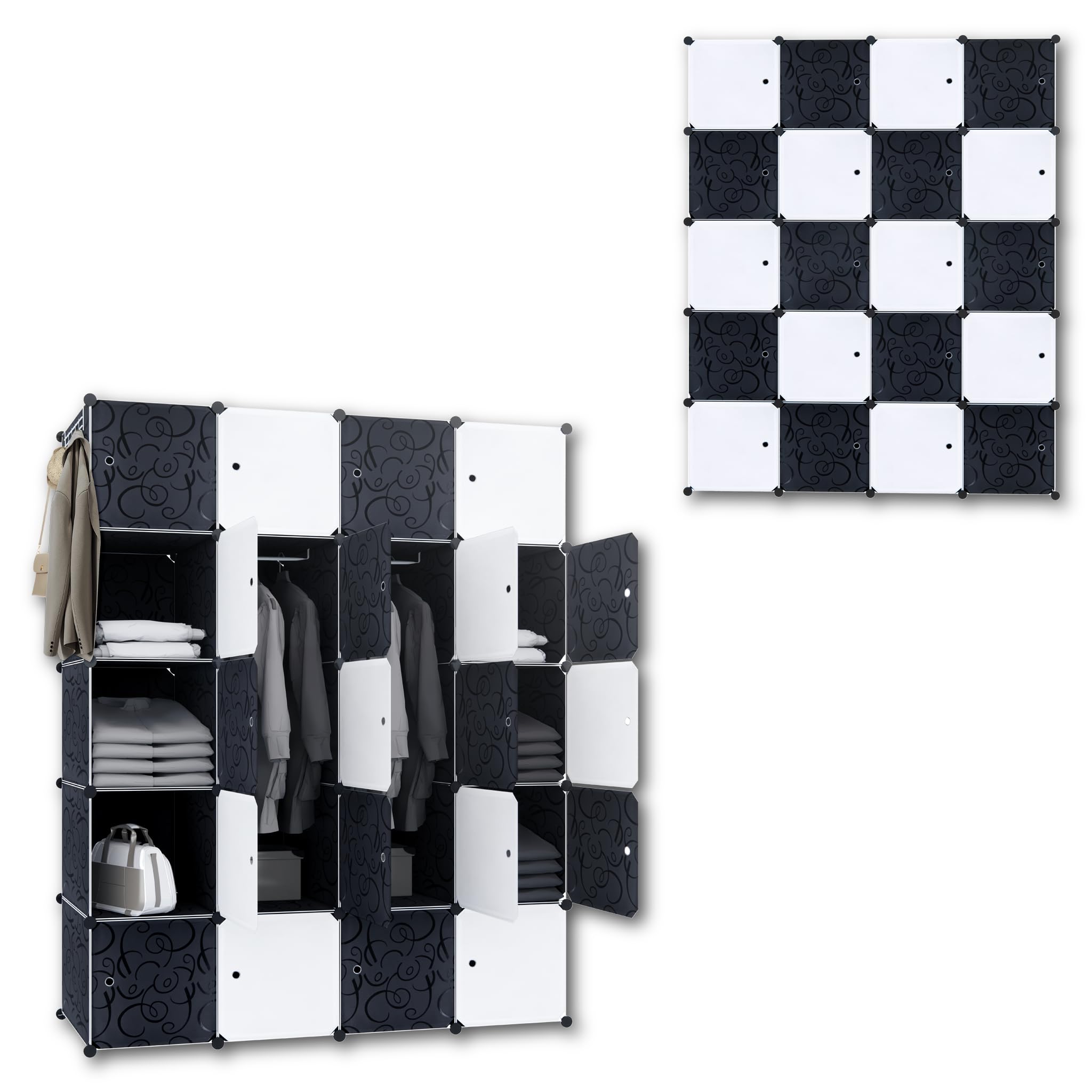 SUBTLETY Système d'étagères de penderie en plastique PP - Avec portes - 145 x 37 x 178 cm - Armoire de rangement pour vêtements, chaussures, livres, jouets (noir, 20 compartiments)