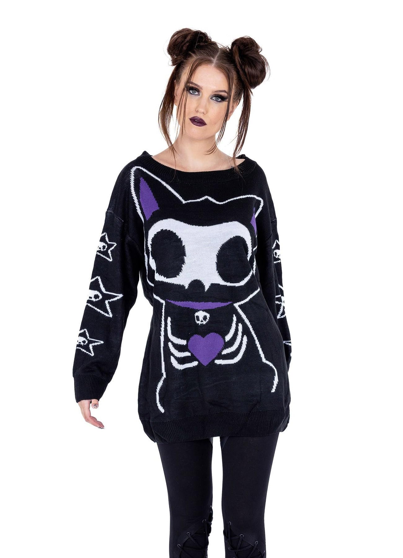 Cupcake Cult Women's Multi-Coloured Skeleton Cat Jumper Knitted Jumper Gothic Rockwear, Xl