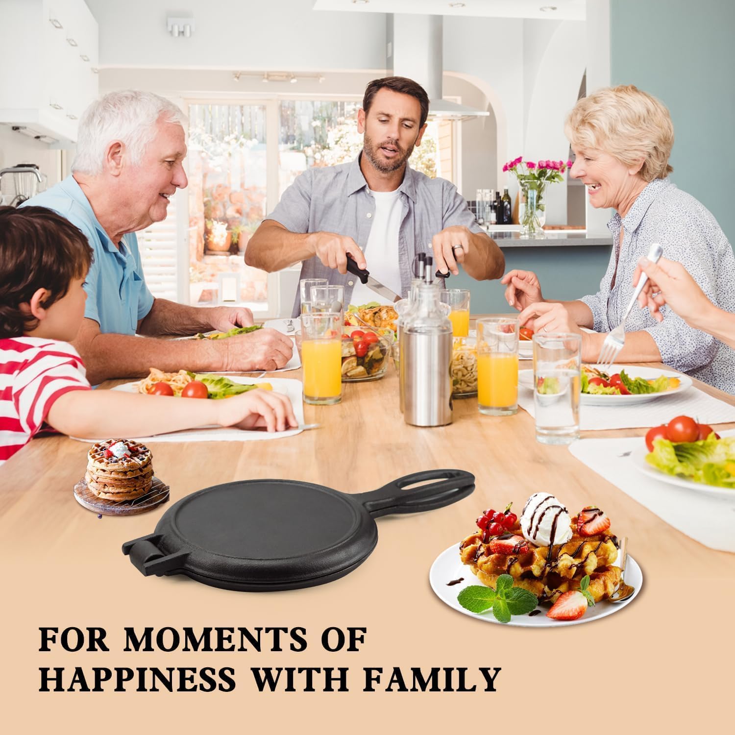 7 Inch Round Cast Iron Waffle Iron Plant Oil Care Two Piece Hinged Non Electric Waffle Maker for Indoor and Outdoor Picnics