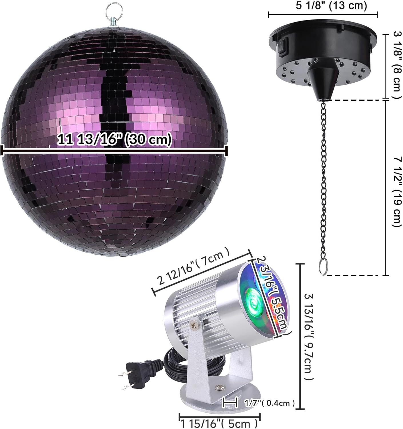 Yescom 12" Large Disco Ball with Motor and Light 6RPM Rotator & 3W RGB Spotlight for 70s 80s Party DJ Bands Dance Club Bar Wedding Event Studio Holiday Decor Purple