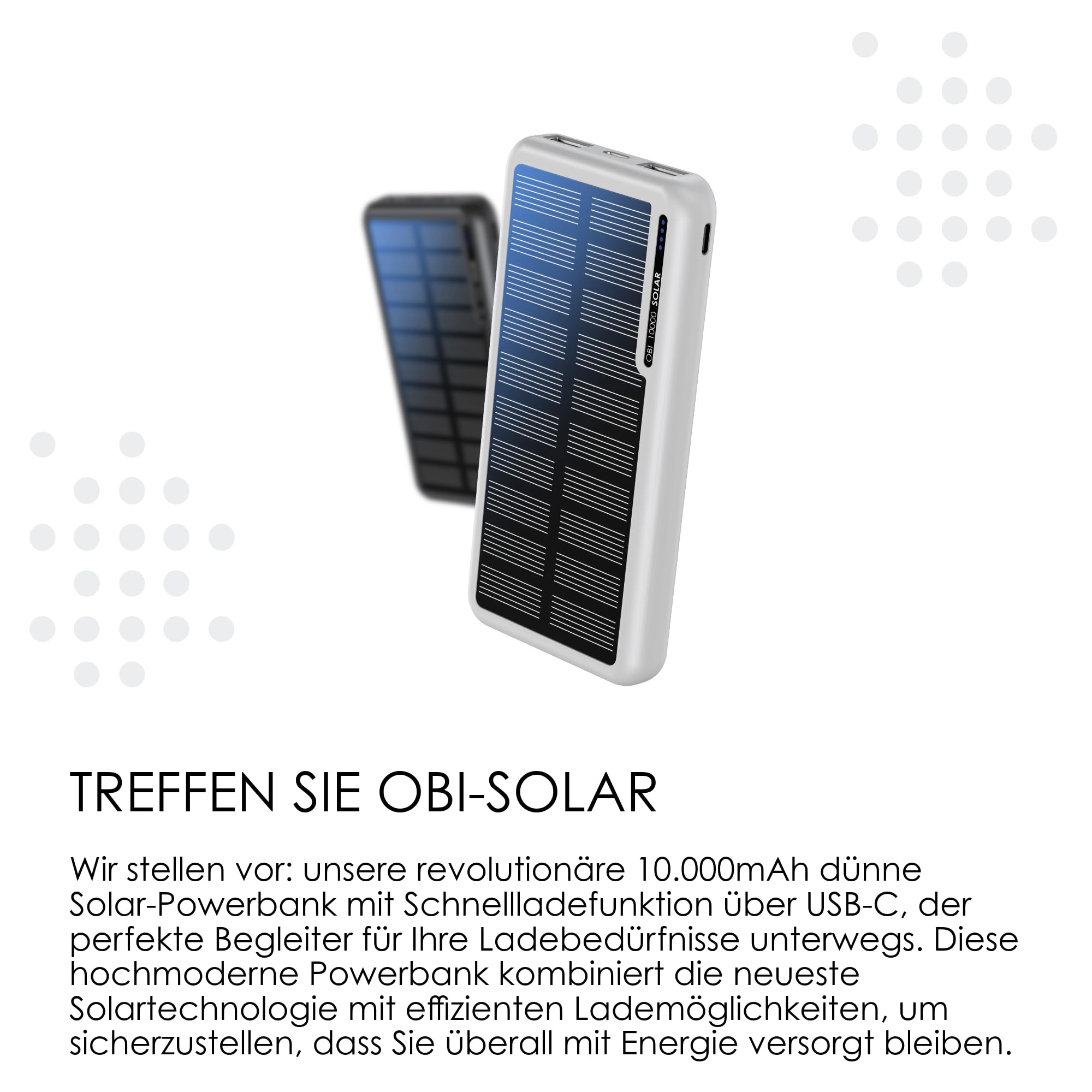 Boompods Obi Solar 10000mAh Solar Powerbank - Schnellladendes Ladegerät mit USB-C & 2X USB-Anschlüssen, Outdoor Power Bank mit Solarpanel, Robuste Ladestation für Handy, Tablets und Reisen, Schwarz