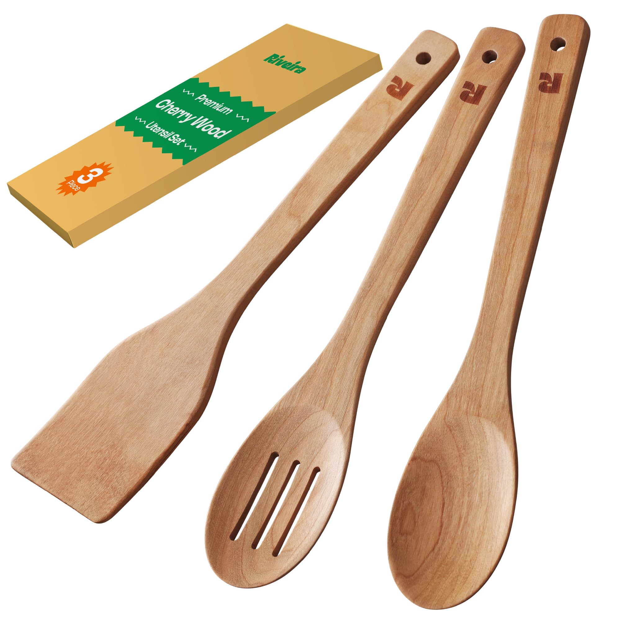 Riveira Cherry Wooden Spoons for Cooking Set of 3 – Natural Cherry Wooden Cooking Utensils, Wooden Spatula, Wooden Spoon - Premium Quality Wooden Utensil Set for Non-Toxic Cooking